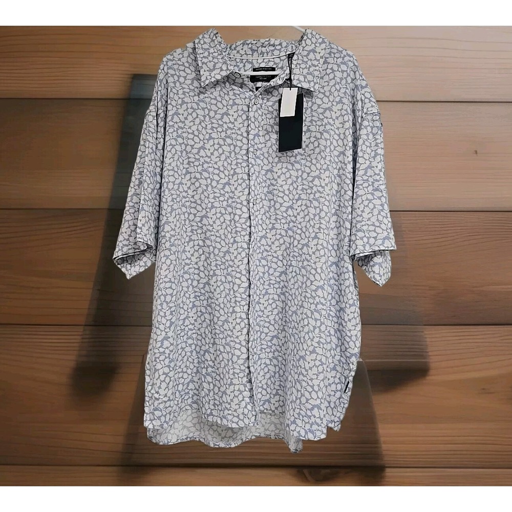 Kenneth Cole Button Down Short Sleeve Shirt Linen Blend Printed Blue White Sz 4X